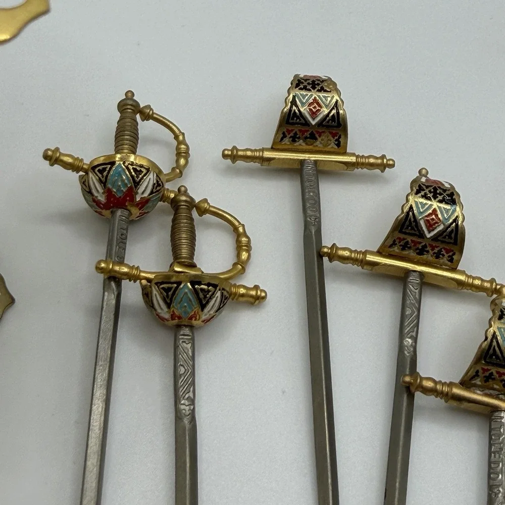 Vintage Toledo Sword Cocktail Toothpick Stand w/ 8 Swords Vintage Gold Spain